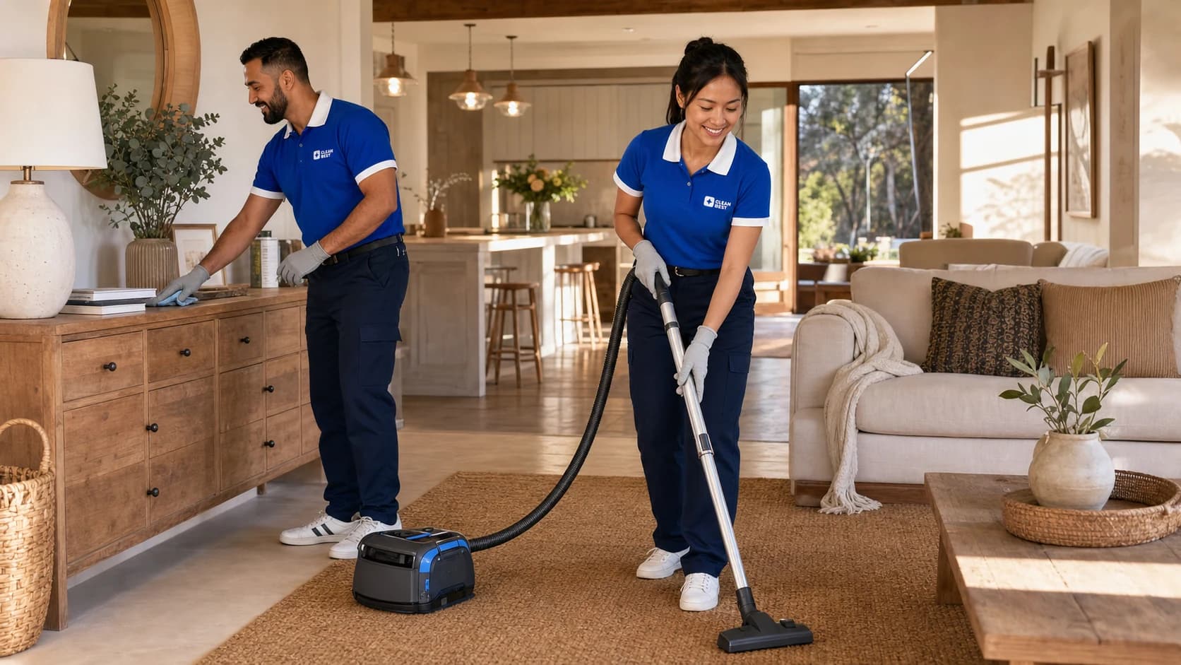 Clean Best cleaner wiping a kitchen benchtop in an Auburn home NSW